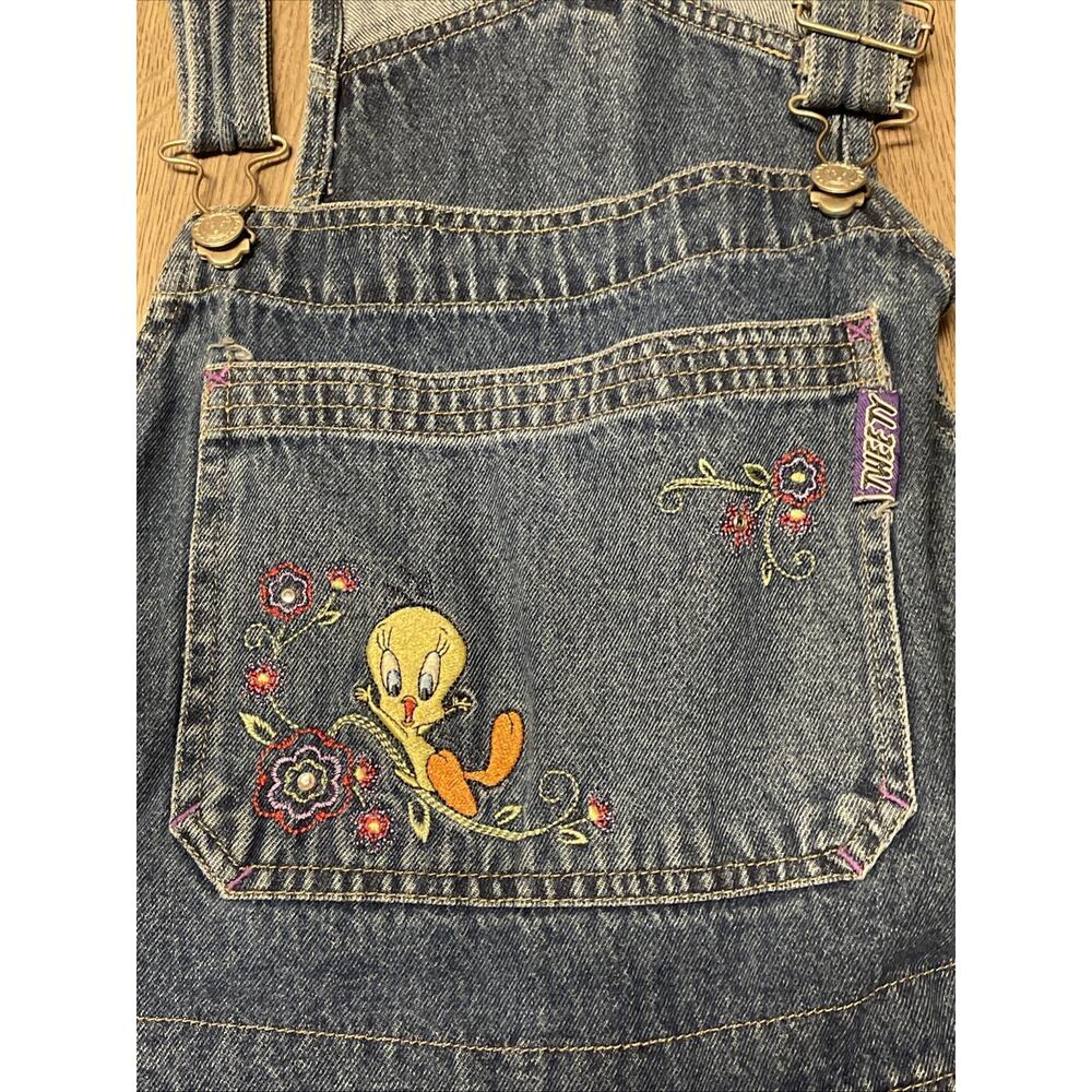 90s Looney Tunes Tweety Bird Denim Overalls Shorts Shortalls Plus 22W 24W - Picture 2 of 12